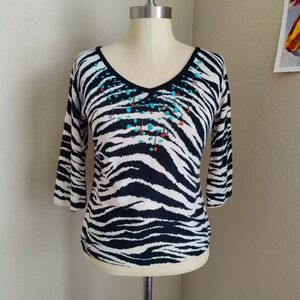 Vintage 90s Y2K Angora Silk Blend Knit Top Cropped Zebra‎ Beaded 3/4 Sleeve MP